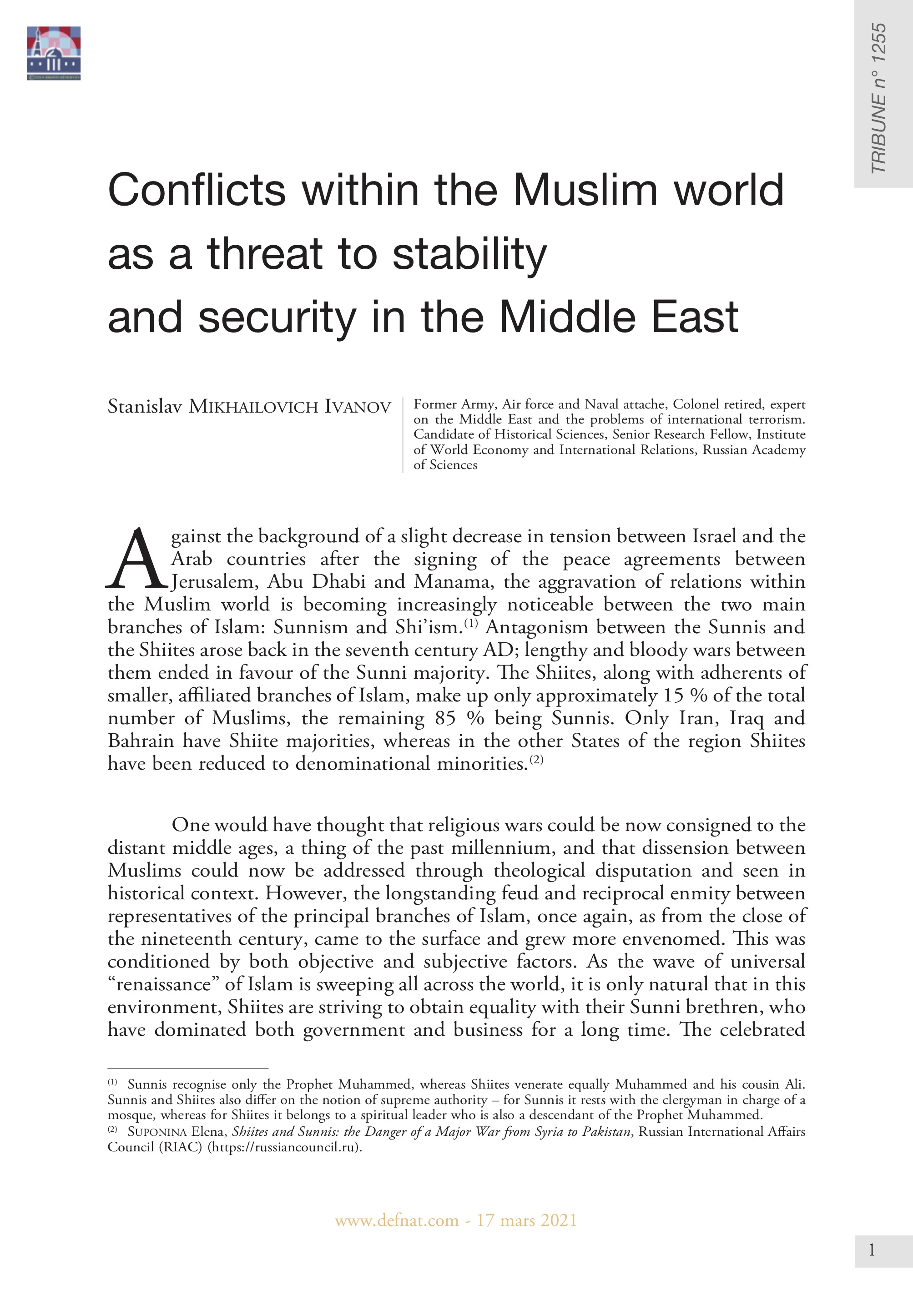 Conflicts within the Muslim World as a Threat to Stability and Security in the Middle East (T 1255)
